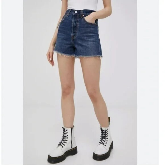 Levis Blue Medium Wash Ribcage Denim High Waisted Button Fly Shorts - Picture 1 of 9